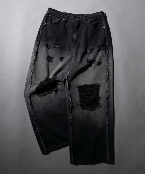 SITRY（シトリー）の「Side Fringe Gradation Denim Pants/サイドフリンジ グラデーション ダメージ加工 バギーデニムパンツ ワイドデニムパンツ（デニムパンツ・メンズ・サックスブルー/ブラック・M/L）」の16枚目の写真
