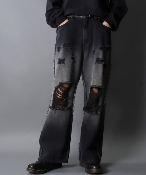 SITRY（シトリー）の「Side Fringe Gradation Denim Pants/サイドフリンジ グラデーション ダメージ加工 バギーデニムパンツ ワイドデニムパンツ（デニムパンツ・メンズ・サックスブルー/ブラック・M/L）」の19枚目の写真