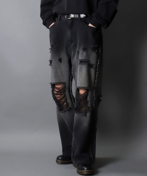SITRY（シトリー）の「Side Fringe Gradation Denim Pants/サイドフリンジ グラデーション ダメージ加工 バギーデニムパンツ ワイドデニムパンツ（デニムパンツ・メンズ・サックスブルー/ブラック・M/L）」の20枚目の写真