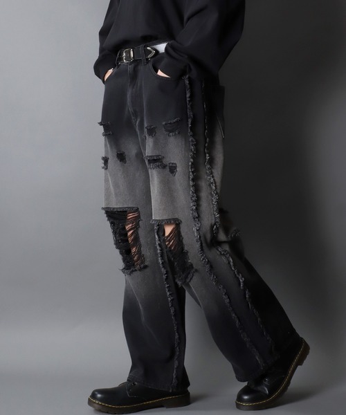 SITRY（シトリー）の「Side Fringe Gradation Denim Pants/サイドフリンジ グラデーション ダメージ加工 バギーデニムパンツ ワイドデニムパンツ（デニムパンツ・メンズ・サックスブルー/ブラック・M/L）」の18枚目の写真