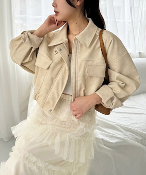 one after another NICE CLAUP（ワンアフターアナザーナイスクラップ）の「フェイクレザーショートジャケット（ライダースジャケット・レディース・ブラウン/アイボリー/ブラック・FREE）」の3枚目の写真