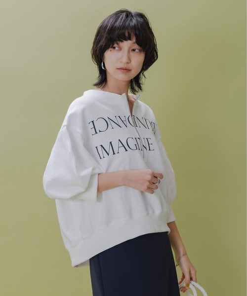 Eimee Law（エイミーロウ）の「テキストプリント ハーフジップボートネックスウェット（Tシャツ/カットソー・レディース・ダークネイビー/オフホワイト/アイボリー・FREE）」の14枚目の写真