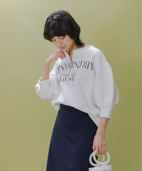 Eimee Law（エイミーロウ）の「テキストプリント ハーフジップボートネックスウェット（Tシャツ/カットソー・レディース・ダークネイビー/オフホワイト/アイボリー・FREE）」の17枚目の写真