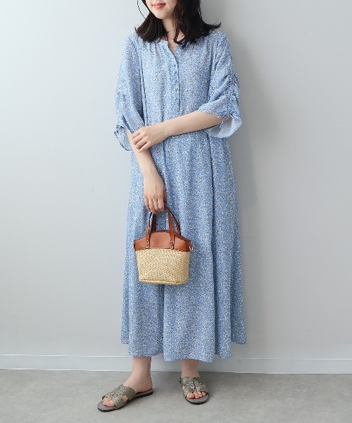セール】【L～5L 大きいサイズ】花柄ドロストスリーブワンピース 半袖