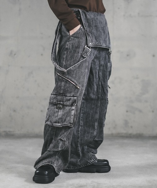 セール】Overalls Gimmick Wide Straight Denim Pants Removable