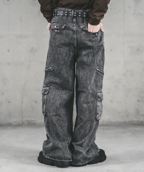 90s 古着　オーバーオール　デニムオーバーオール　グランジ　カーゴパンツ セール】Overalls Gimmick Wide Straight Denim Pants Removable