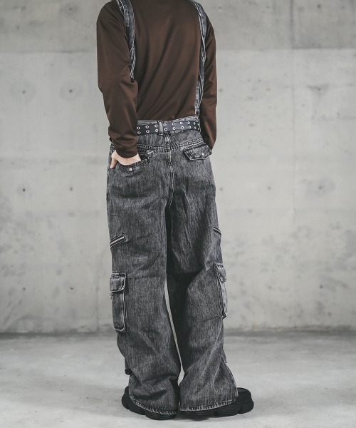 セール】Overalls Gimmick Wide Straight Denim Pants Removable