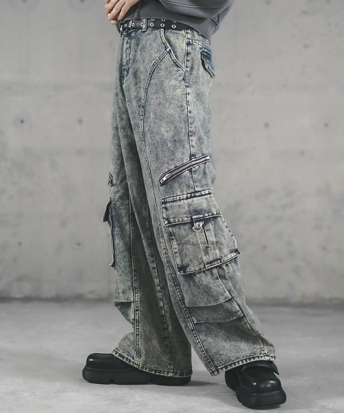セール】Overalls Gimmick Wide Straight Denim Pants Removable