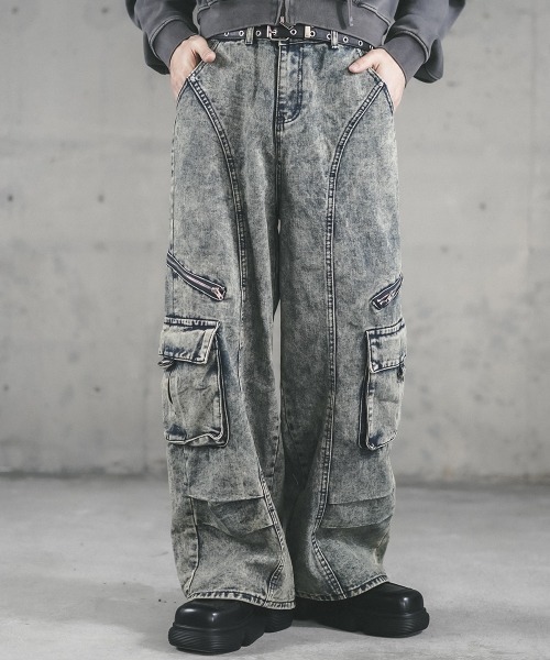 セール】Overalls Gimmick Wide Straight Denim Pants Removable