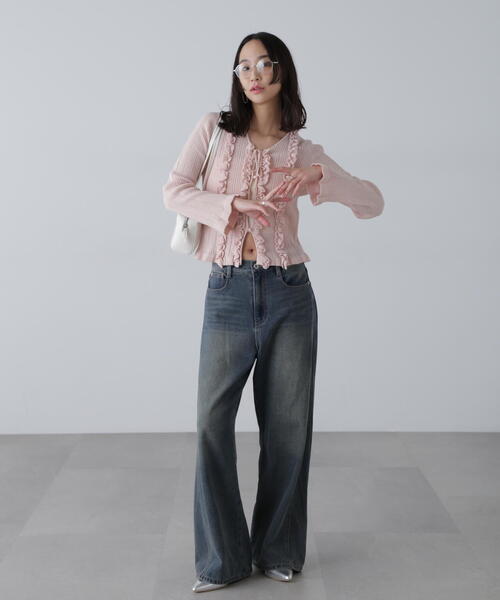 FREE'S MART（フリーズマート）の「◆フリルアイレットリブニットカーディガン（ニット/セーター・レディース・ホワイト/ピンク/ブラック/ブルー・FREE）」の15枚目の写真