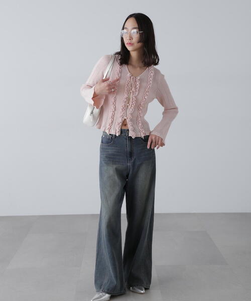 FREE'S MART（フリーズマート）の「◆フリルアイレットリブニットカーディガン（ニット/セーター・レディース・ホワイト/ピンク/ブラック/ブルー・FREE）」の14枚目の写真