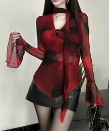 襟リボンVネックベルスリーブシアートップス