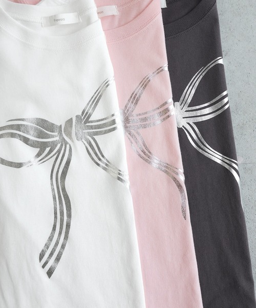 Freesia by andme(フリージアバイアンドミー)の「BIGリボンプリントショート丈半袖Tシャツ(Tシャツ/カットソー・レディース・ピンク/スミクロ/オフホワイト・M)」の20枚目の写真