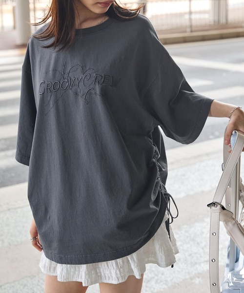 ヴィンテージ加工サイドシャーリングデザイン刺繍半袖Tシャツ MONO