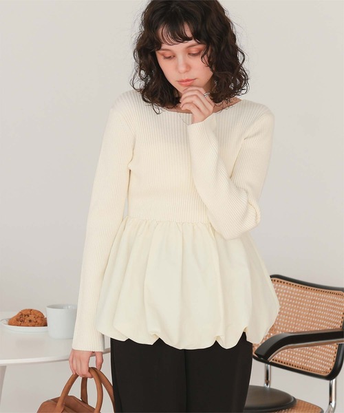 titivate(ティティベイト)の「ヘムバルーンドッキングボートネックリブニット(ニット/セーター・レディース・アイボリー/ブラック/ホワイト系その他/ネイビー・L/M/S)」の2枚目の写真