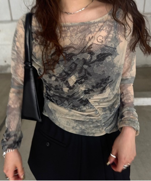 トップス MEDI 2WAY TROMPE L'OEIL LACE PRINT TOP MEDI 2WAY TROMPE L'OEIL LACE PRINT SKIN TOP（Tシャツ