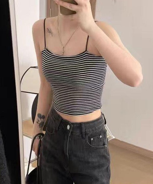 HALEY PESCA（ヘーリーペスカ）の「HALEY PESCA/カップ付き　ミニ丈ボーダーキャミソール（キャミソール・レディース・ホワイト/ブラウン/ブラック・FREE）」の3枚目の写真