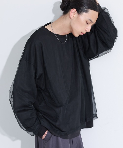 MDR(エムディアール)の「チュールドッキングカットソートップス(Tシャツ/カットソー・メンズ・オフホワイト/ブラック・L/M)」の2枚目の写真
