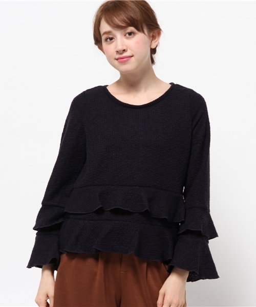 mystic（ミスティック）の「【mystic】2段フリル付プルオーバー（Tシャツ/カットソー・レディース・ブラウン/ネイビー/オフホワイト/ブラック・ﾌﾘ-）」の4枚目の写真
