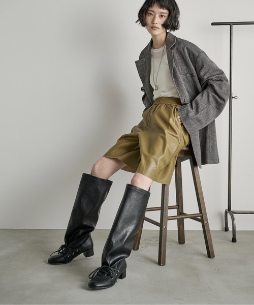 THE YOn(ザヨン)の「フェイクレイヤードレースアップロングブーツ(ブーツ・レディース・ブラウン/ブラック・38/39/37)」の1枚目の写真