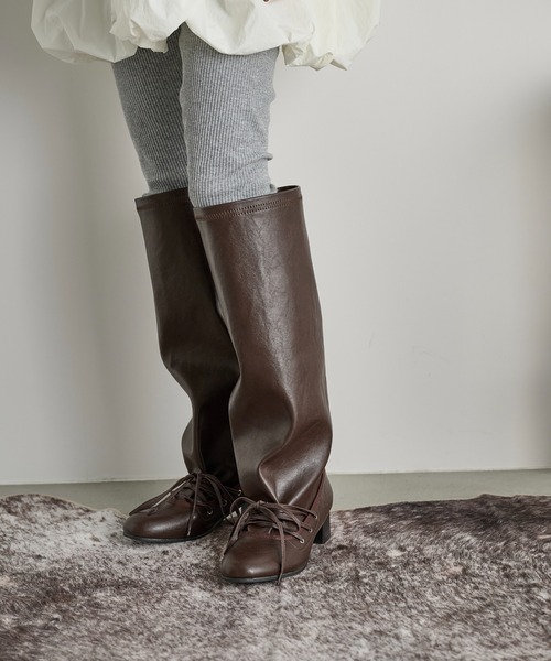 THE YOn(ザヨン)の「フェイクレイヤードレースアップロングブーツ(ブーツ・レディース・ブラウン/ブラック・38/39/37)」の22枚目の写真