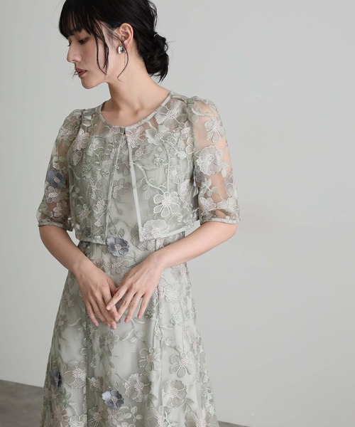 atlo(アトロ)の「七分袖&ミモレ丈 同窓会 成人式 2点セット ボレロ 立体 刺繍フレア クルーネック お呼ばれ 結婚式 二次会 フォーマル オケージョンドレス パーティー ドレス 謝恩会 20代 30代(ドレス・レディース・グレイッシュベージュ/ピンク/チャコール/グリーン・M)」の4枚目の写真