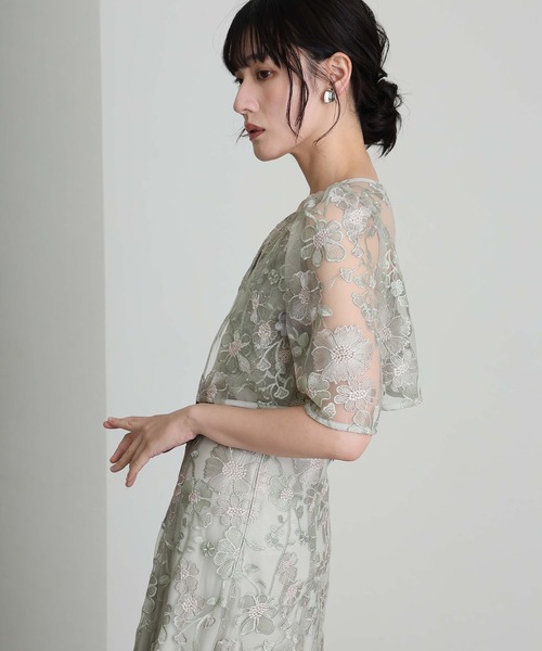 atlo(アトロ)の「七分袖&ミモレ丈 同窓会 成人式 2点セット ボレロ 立体 刺繍フレア クルーネック お呼ばれ 結婚式 二次会 フォーマル オケージョンドレス パーティー ドレス 謝恩会 20代 30代(ドレス・レディース・グレイッシュベージュ/ピンク/チャコール/グリーン・M)」の6枚目の写真