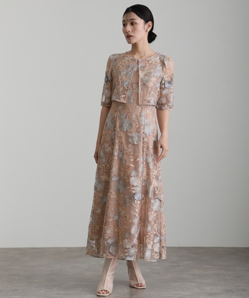 atlo(アトロ)の「七分袖&ミモレ丈 同窓会 成人式 2点セット ボレロ 立体 刺繍フレア クルーネック お呼ばれ 結婚式 二次会 フォーマル オケージョンドレス パーティー ドレス 謝恩会 20代 30代(ドレス・レディース・グレイッシュベージュ/ピンク/チャコール/グリーン・M)」の12枚目の写真