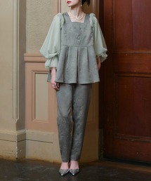 RUIRUE BOUTIQUE(ルイルエブティック)のオケージョンドレス 結婚式 前後2WAY 洗える | ジャカード タック フレアトップス & テーパードパンツ ドレス ( チュールつけ袖 付き ) | パンツドレス 美脚効果(パンツドレス)