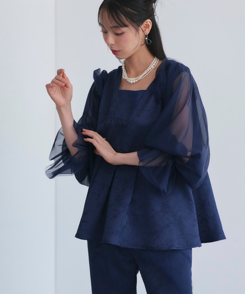 RUIRUE BOUTIQUE(ルイルエブティック)の「オケージョンドレス 結婚式 前後2WAY 洗える | ジャカード タック フレアトップス & テーパードパンツ ドレス ( チュールつけ袖 付き ) | パンツドレス 美脚効果(パンツドレス・レディース・ブラック/ネイビー/グリーン・S/M/L/LL)」の6枚目の写真