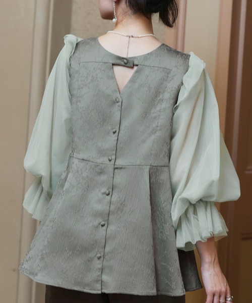 RUIRUE BOUTIQUE(ルイルエブティック)の「オケージョンドレス 結婚式 前後2WAY 洗える | ジャカード タック フレアトップス & テーパードパンツ ドレス ( チュールつけ袖 付き ) | パンツドレス 美脚効果(パンツドレス・レディース・ブラック/ネイビー/グリーン・S/M/L/LL)」の14枚目の写真