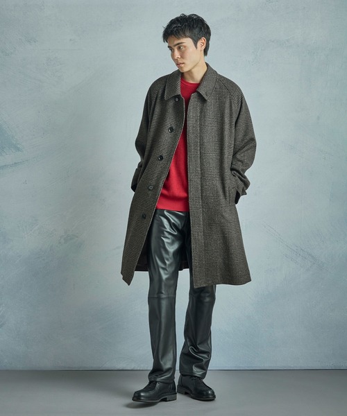 セール】グレンチェックウール ステンカラーコート（ダウンジャケット