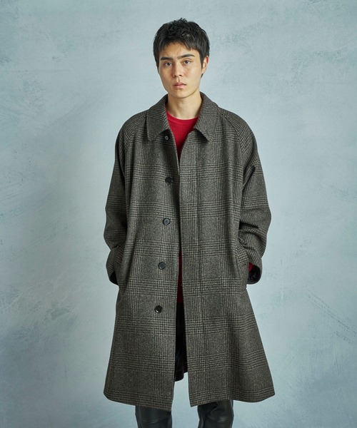 セール】グレンチェックウール ステンカラーコート（ダウンジャケット