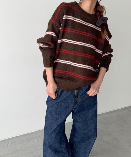 CANAL JEAN（キャナルジーン）の「El mar　マルチボーダーニット（ニット/セーター・レディース・サックスブルー/ブラウン/チャコールグレー/グレー・ONE SIZE）」の3枚目の写真