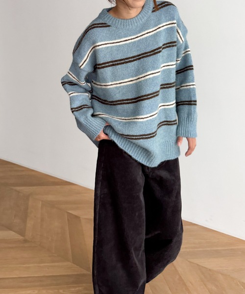 CANAL JEAN（キャナルジーン）の「El mar　マルチボーダーニット（ニット/セーター・レディース・サックスブルー/ブラウン/チャコールグレー/グレー・ONE SIZE）」の4枚目の写真