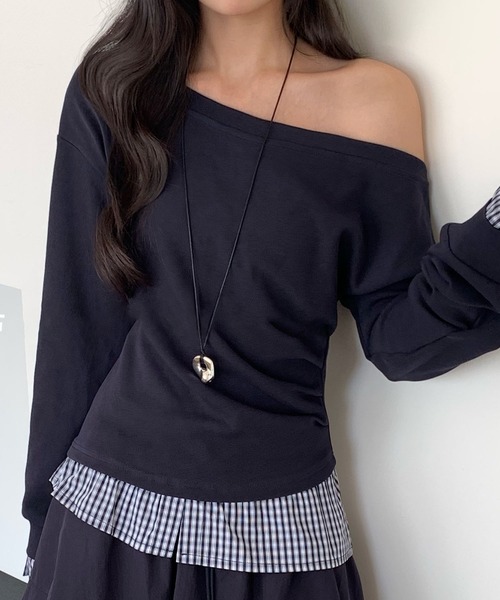 Lace Ladies（レースレディース）の「配色 チェック レイヤード風 オフショル トップス（Tシャツ/カットソー・レディース・グレー/ネイビー・FREE）」の2枚目の写真