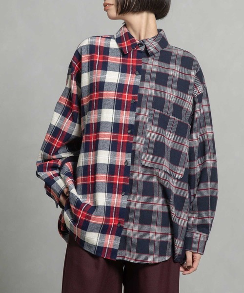 MARECHAL TERRE（マルシャルテル）の「チェックロングシャツ（シャツ/ブラウス・レディース・ブラック/ネイビー/レッド/グリーン・MEDIUM）」の2枚目の写真