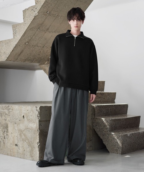 セール】【イージーケア】コットンポンチハーフジップ長袖プルオーバー