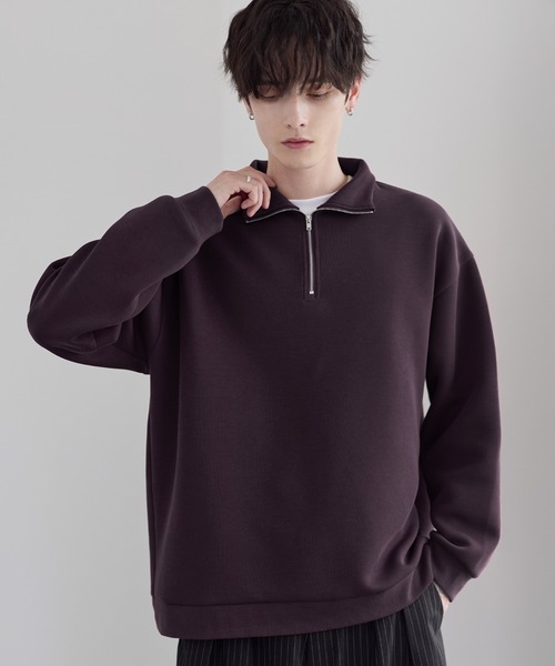 セール】【イージーケア】コットンポンチハーフジップ長袖プルオーバー