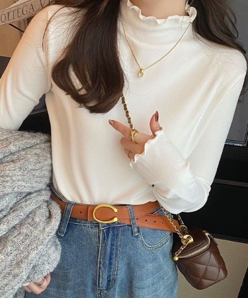 cammie(キャミー)の「ハイネックメロープルオーバー(Tシャツ/カットソー・レディース・モカ/ブラック/ホワイト・F)」の4枚目の写真