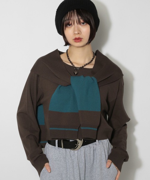 PAGEBOY(ページボーイ)の「ショルダーカーデSETニット(ニット/セーター・レディース・ブラウン/ブラック/オフホワイト・FREE)」の3枚目の写真