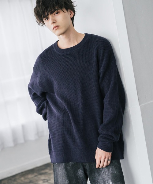 Rocky Monroe（ロッキーモンロー）の「オーバーサイズ配色リブワッフルニットプルオーバーセーター（ニット/セーター・メンズ・ブラック/ブルー/オフホワイト/ベージュ/チャコール/マスタード/ネイビー/ブラウン/グリーン/レッド・M/L/XL）」の7枚目の写真