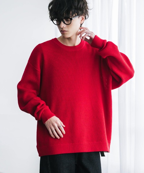 Rocky Monroe（ロッキーモンロー）の「オーバーサイズ配色リブワッフルニットプルオーバーセーター（ニット/セーター・メンズ・ブラック/ブルー/オフホワイト/ベージュ/チャコール/マスタード/ネイビー/ブラウン/グリーン/レッド・M/L/XL）」の10枚目の写真