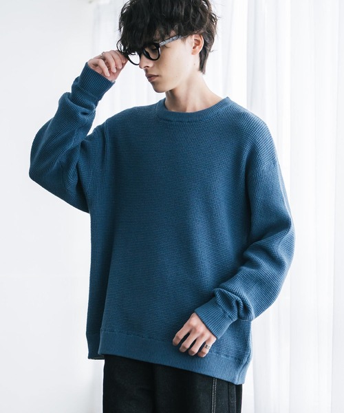 Rocky Monroe（ロッキーモンロー）の「オーバーサイズ配色リブワッフルニットプルオーバーセーター（ニット/セーター・メンズ・ブラック/ブルー/オフホワイト/ベージュ/チャコール/マスタード/ネイビー/ブラウン/グリーン/レッド・M/L/XL）」の8枚目の写真