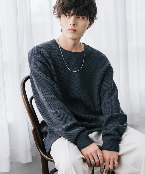 Rocky Monroe（ロッキーモンロー）の「オーバーサイズ配色リブワッフルニットプルオーバーセーター（ニット/セーター・メンズ・ブラック/ブルー/オフホワイト/ベージュ/チャコール/マスタード/ネイビー/ブラウン/グリーン/レッド・M/L/XL）」の4枚目の写真