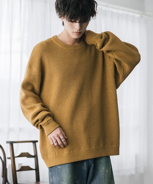 Rocky Monroe（ロッキーモンロー）の「オーバーサイズ配色リブワッフルニットプルオーバーセーター（ニット/セーター・メンズ・ブラック/ブルー/オフホワイト/ベージュ/チャコール/マスタード/ネイビー/ブラウン/グリーン/レッド・M/L/XL）」の9枚目の写真