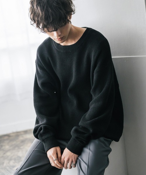 Rocky Monroe（ロッキーモンロー）の「オーバーサイズ配色リブワッフルニットプルオーバーセーター（ニット/セーター・メンズ・ブラック/ブルー/オフホワイト/ベージュ/チャコール/マスタード/ネイビー/ブラウン/グリーン/レッド・M/L/XL）」の3枚目の写真