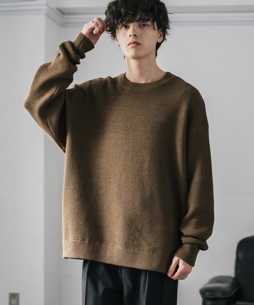 Rocky Monroe（ロッキーモンロー）の「オーバーサイズ配色リブワッフルニットプルオーバーセーター（ニット/セーター・メンズ・ブラック/ブルー/オフホワイト/ベージュ/チャコール/マスタード/ネイビー/ブラウン/グリーン/レッド・M/L/XL）」の21枚目の写真