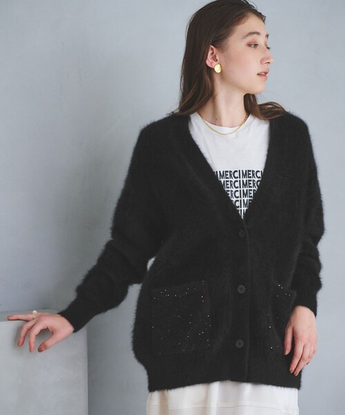 ユナイテッドアローズ　フォックスカシミヤ　オーバーカーディガン　黒 UNITED ARROWS カーディガン フォックスカシミヤ フリルコンビ