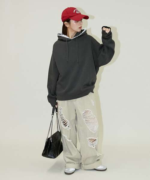 PUBLUX（パブリュクス）の「PUBLUX/パブリュクス レース付き 裏起毛 フーディー　限定展開（パーカー・レディース・ライトグレー/チャコールグレー・ﾌﾘ-）」の7枚目の写真